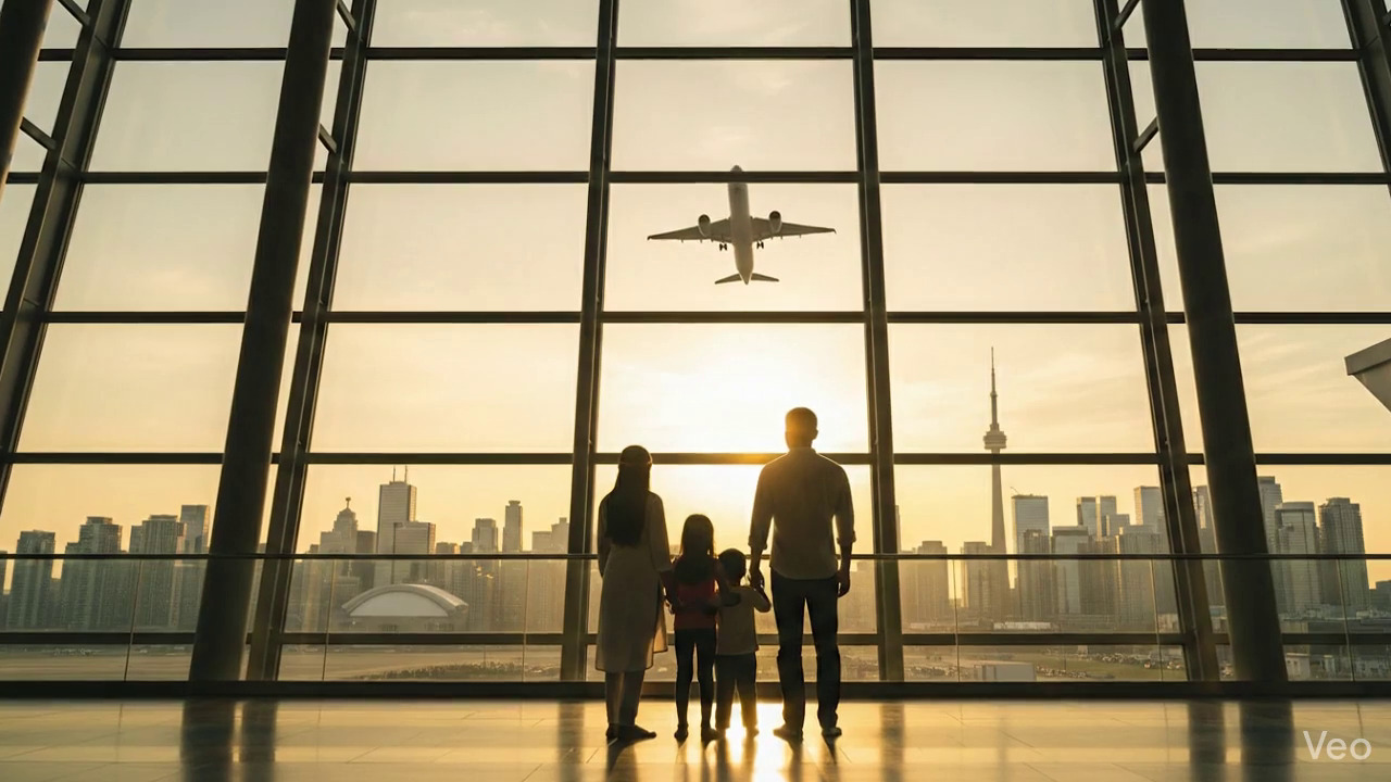 Family of four at airport terminal excited for new beginning overseas