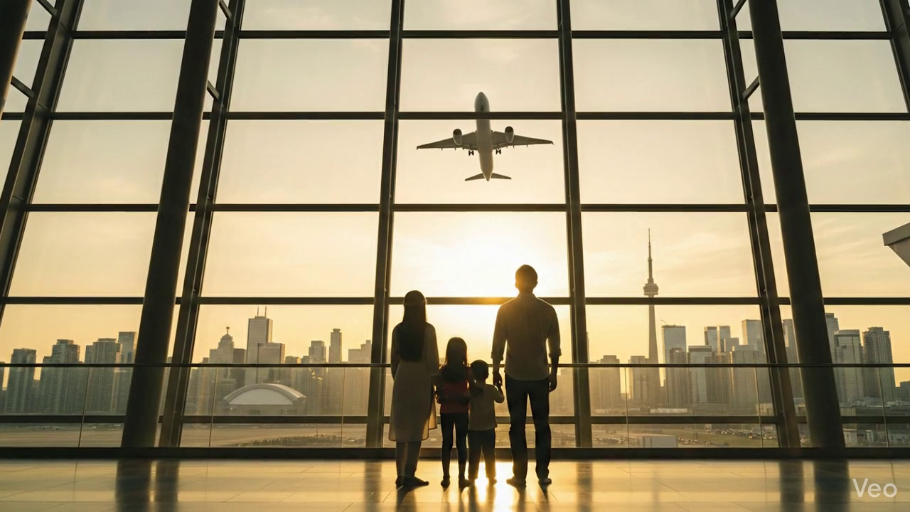 Joyful family walking through airport after receiving permanent residency