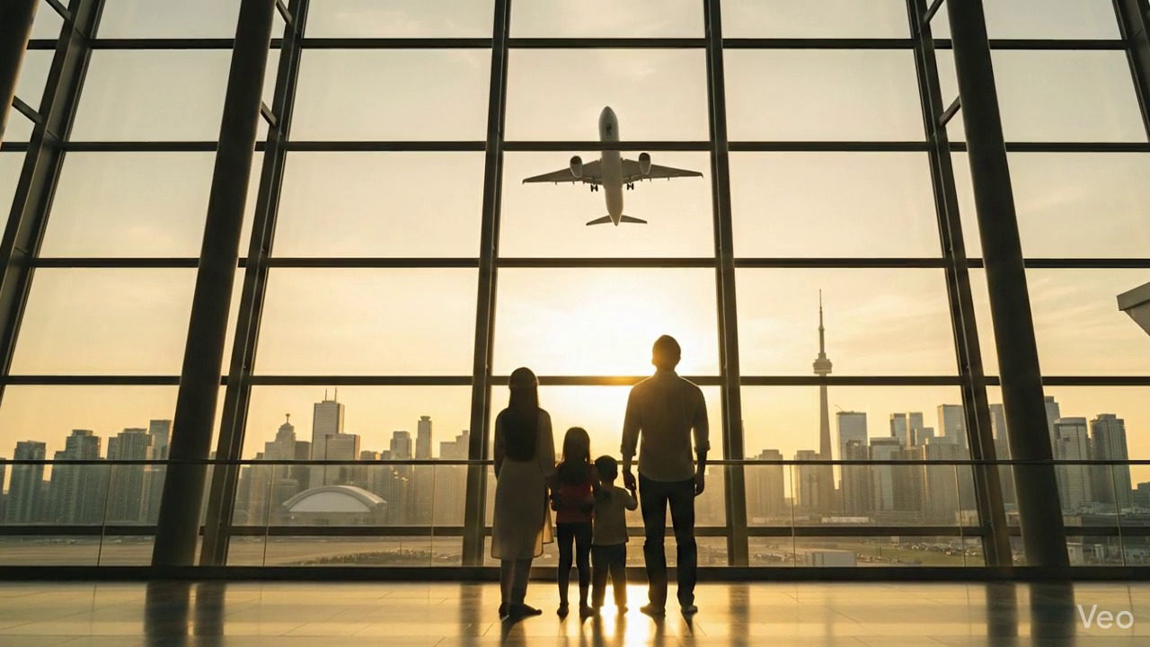 Family of four at airport terminal excited for new beginning overseas