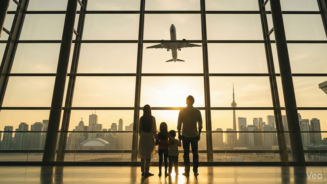 Parents and children beginning their immigration journey at international airport