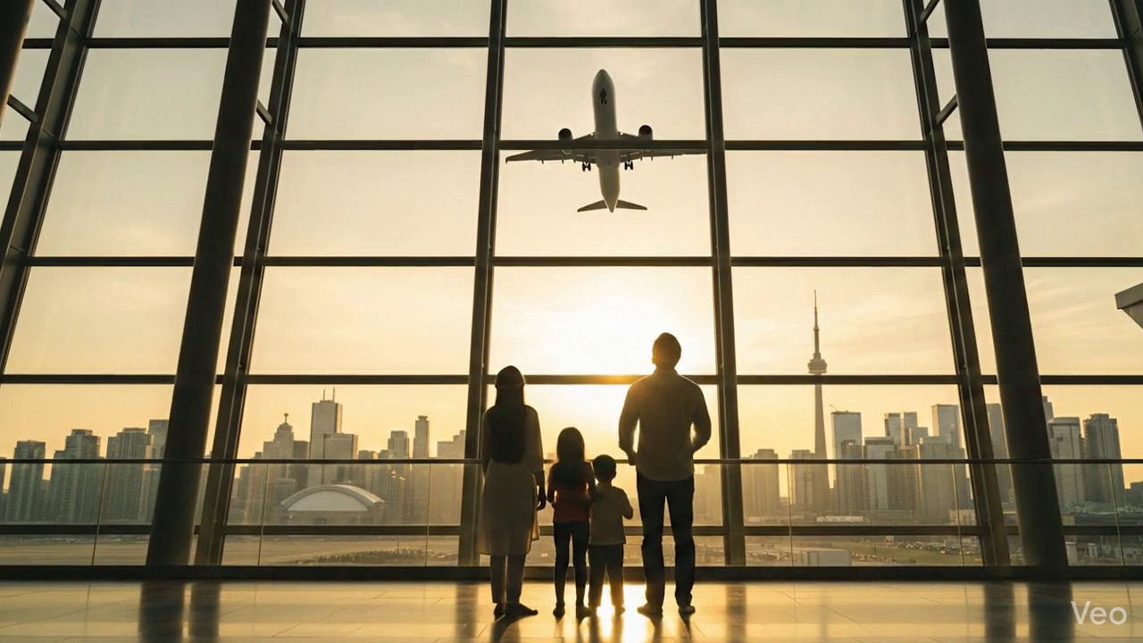 Immigrant family with travel documents at departure gate
