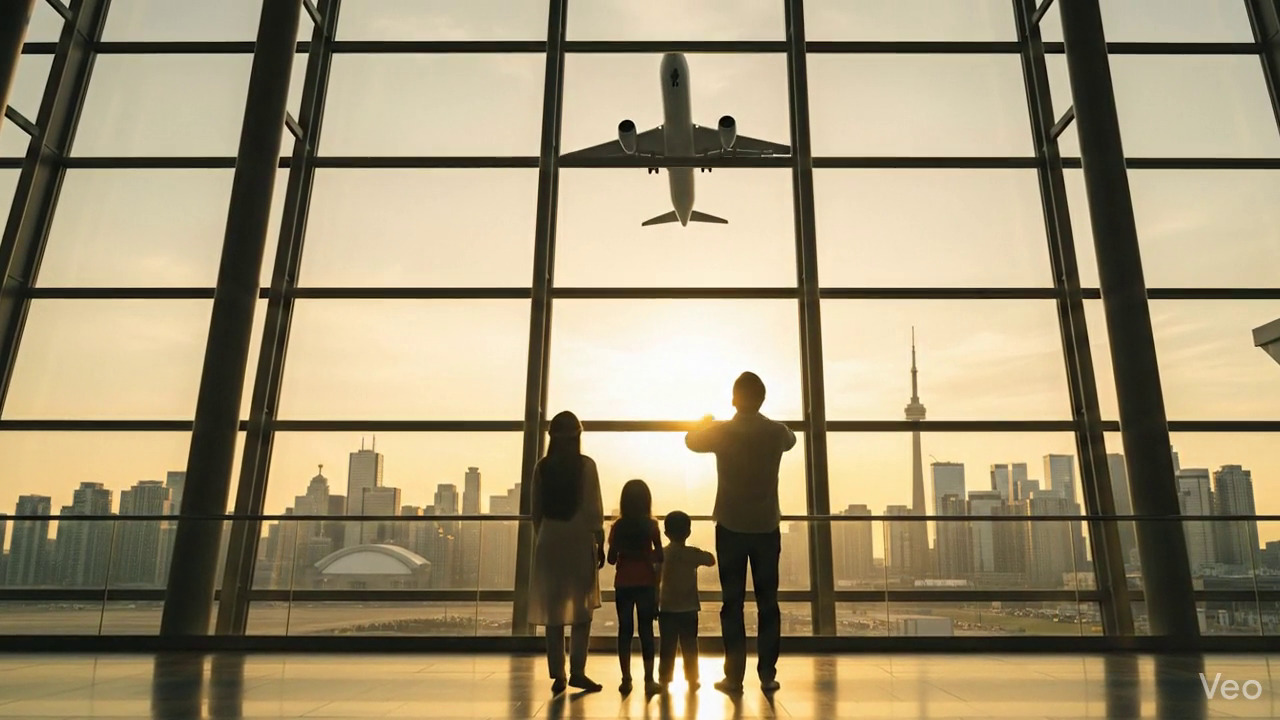 Excited family celebrating successful visa approval at airport terminal
