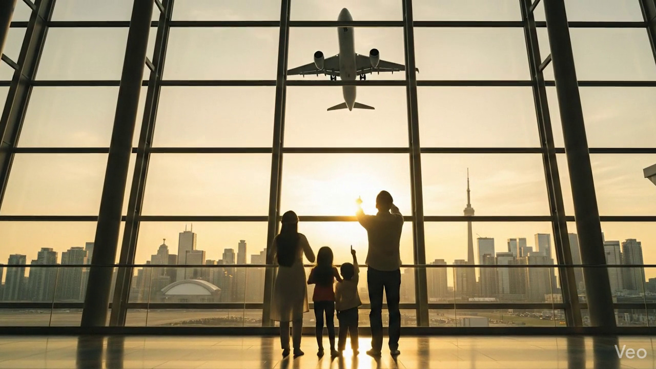 Immigrant family with travel documents at departure gate