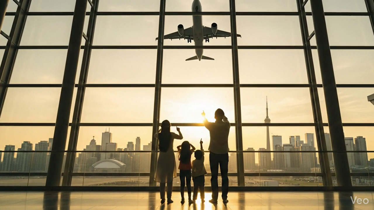 Parents celebrating with children after visa grant at airport