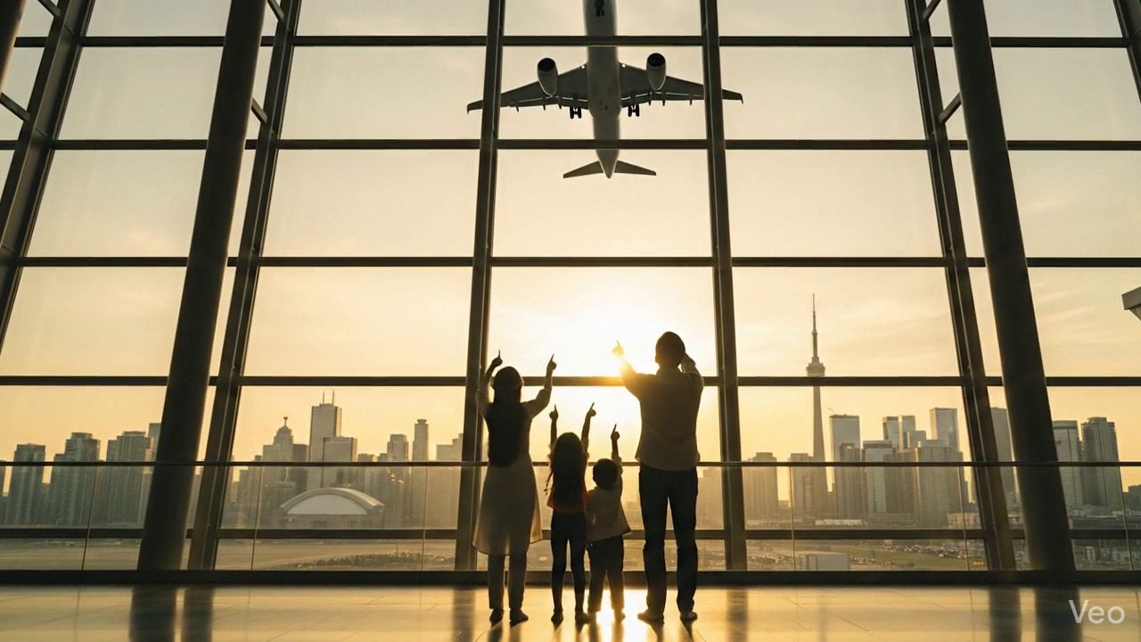 Excited family celebrating successful visa approval at airport terminal