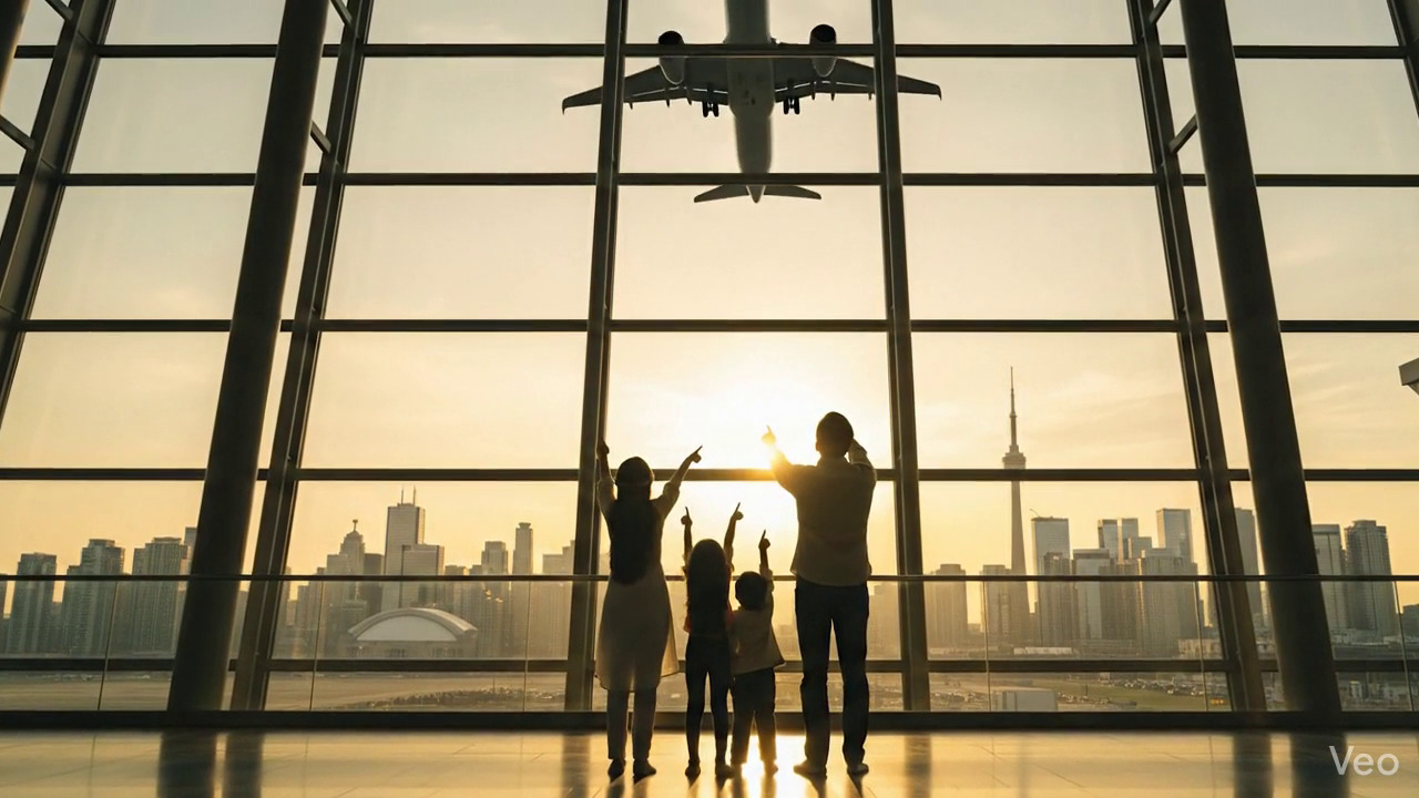 Family of four at airport terminal excited for new beginning overseas