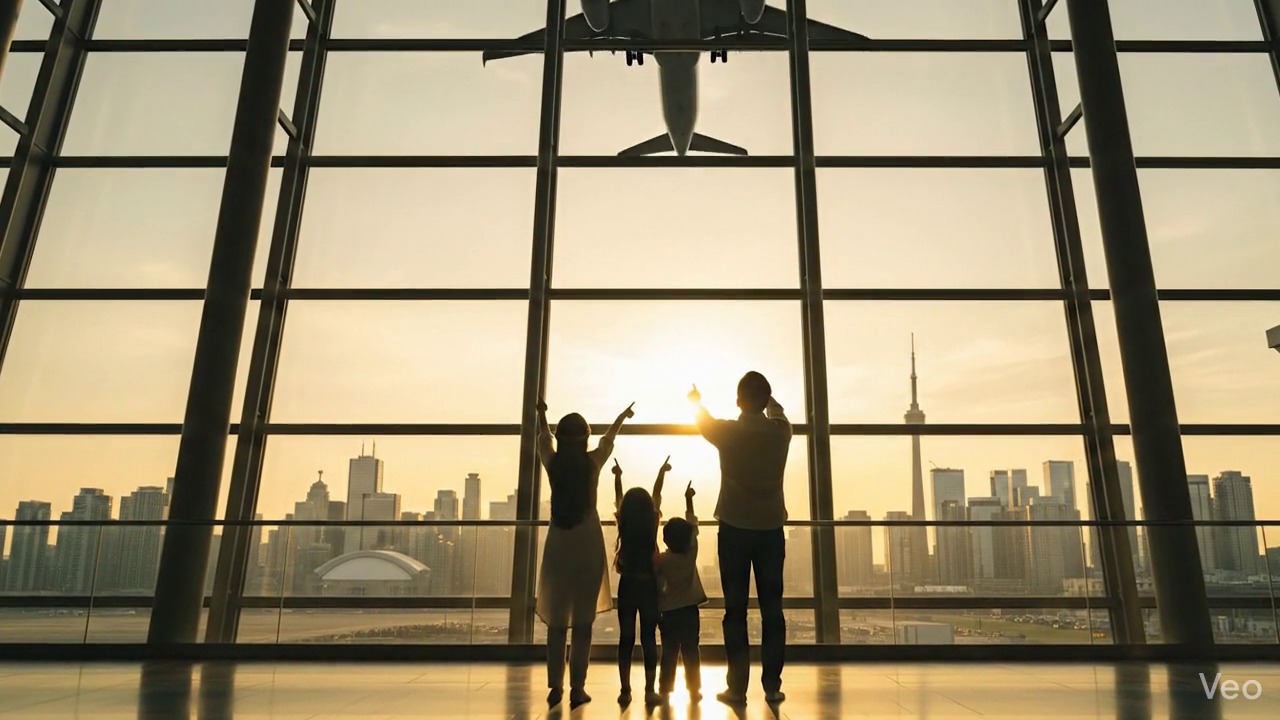 Parents and children beginning their immigration journey at international airport