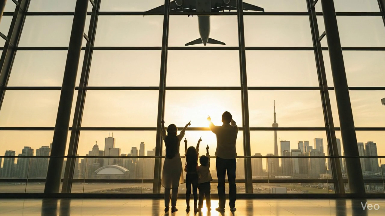 Joyful family walking through airport after receiving permanent residency