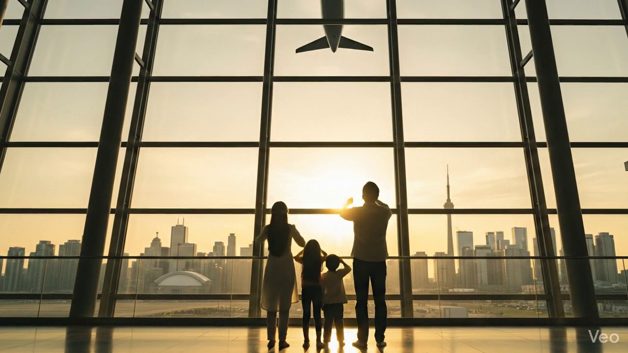 Excited family celebrating successful visa approval at airport terminal