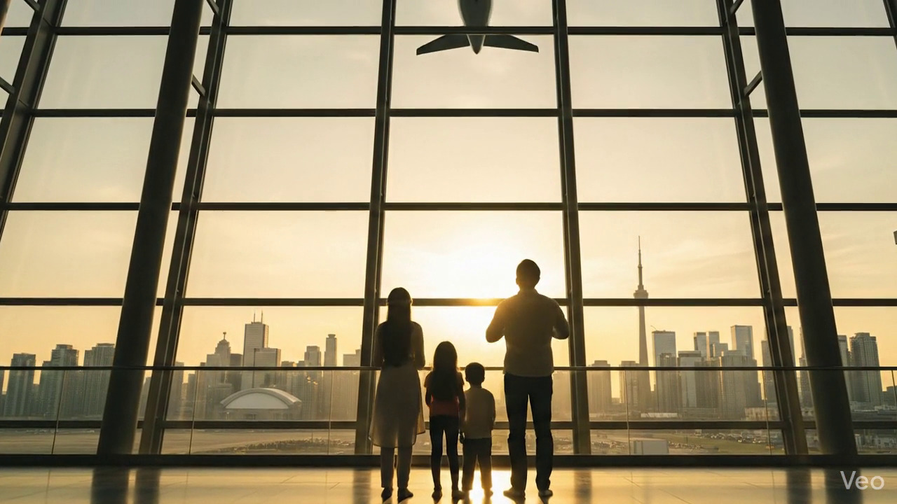 Immigrant family with travel documents at departure gate