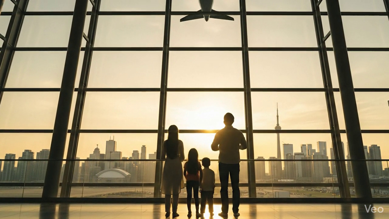 Family of four at airport terminal excited for new beginning overseas