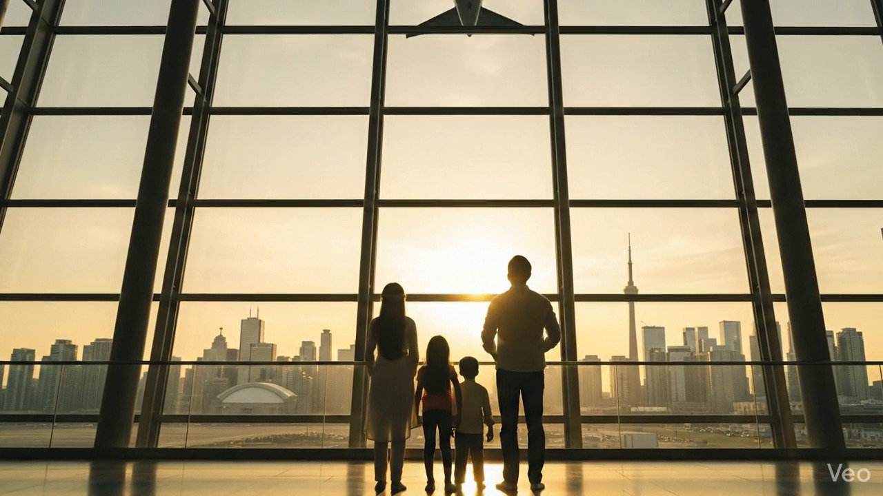 Parents celebrating with children after visa grant at airport