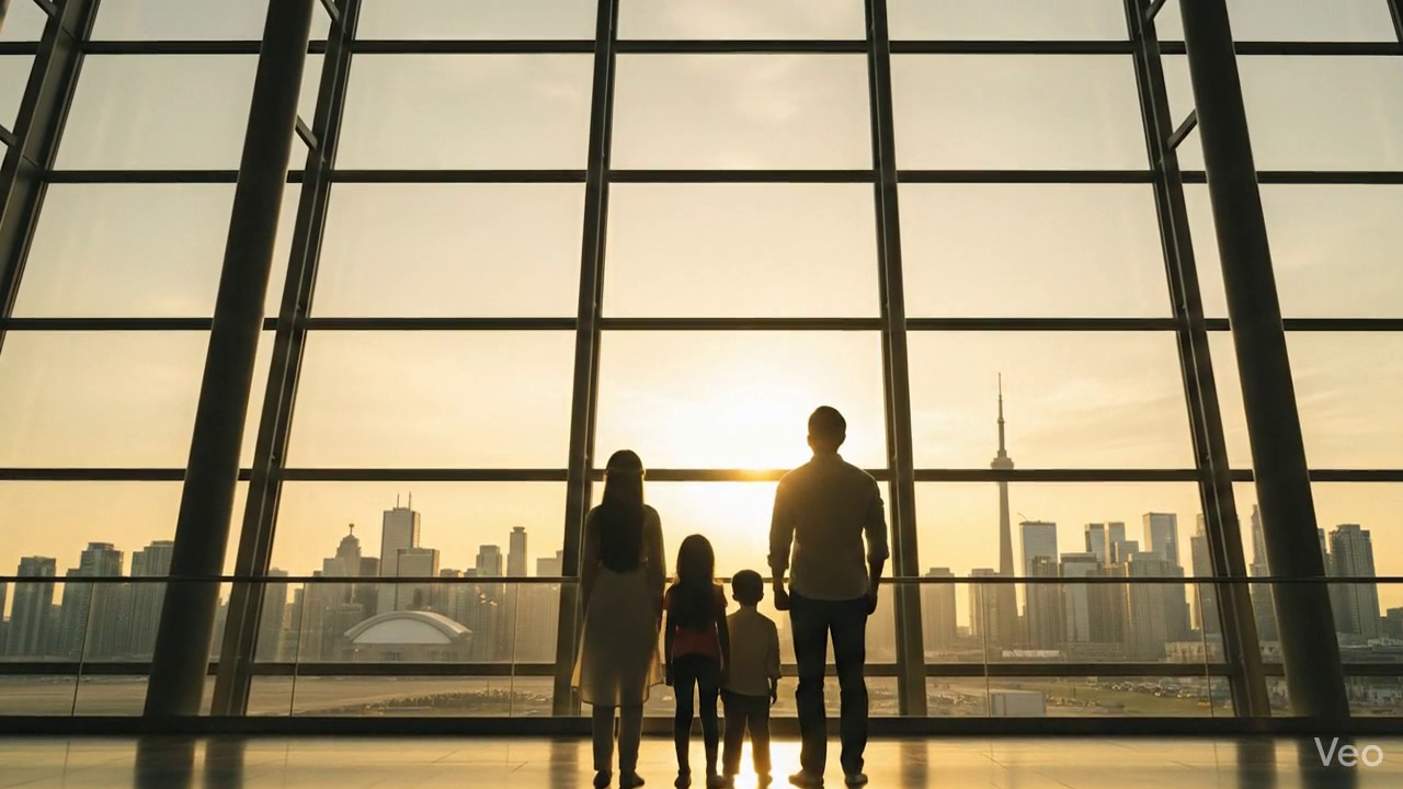 Family of four at airport terminal excited for new beginning overseas